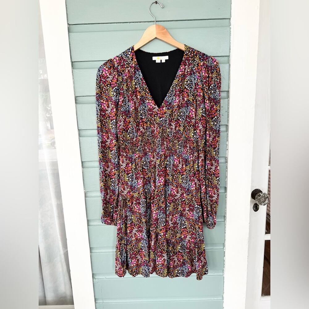 Boden colorful floral print dress stretchy jersey knit smocked waist fall office
